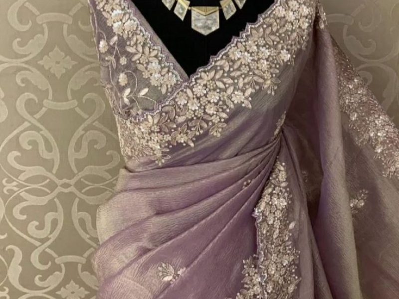 Light purple party wear saree with heavy embroidery from Veeriva