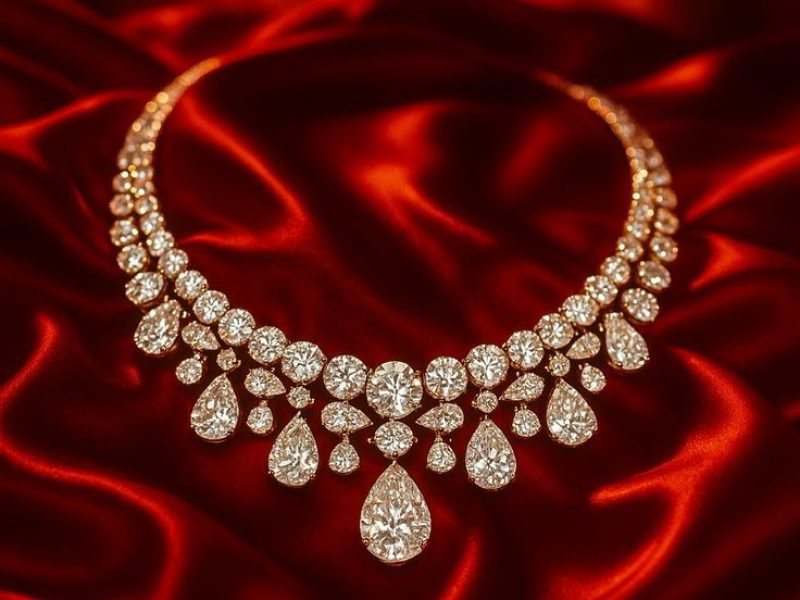 Diamond look party wear necklace with elegant shine photographed on a maroon background